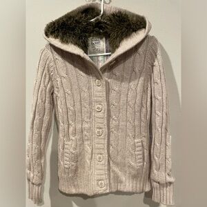 Esprit Wool Blend Women Sweater Cardigan beige knitted hooded Buttons Small